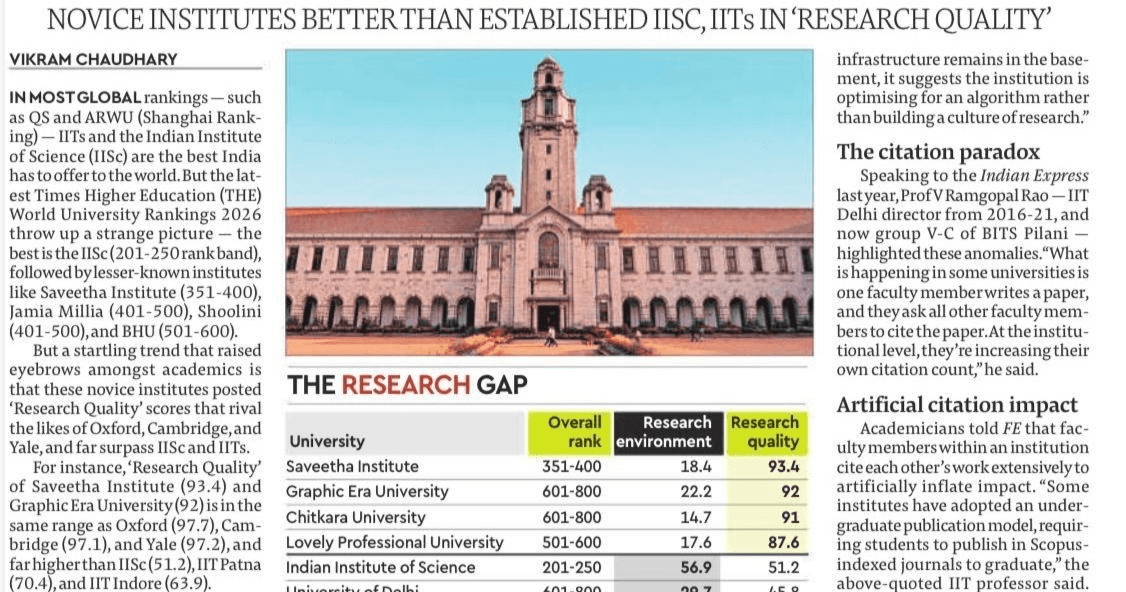 Newspaper headline on research rankings and Indian institutes